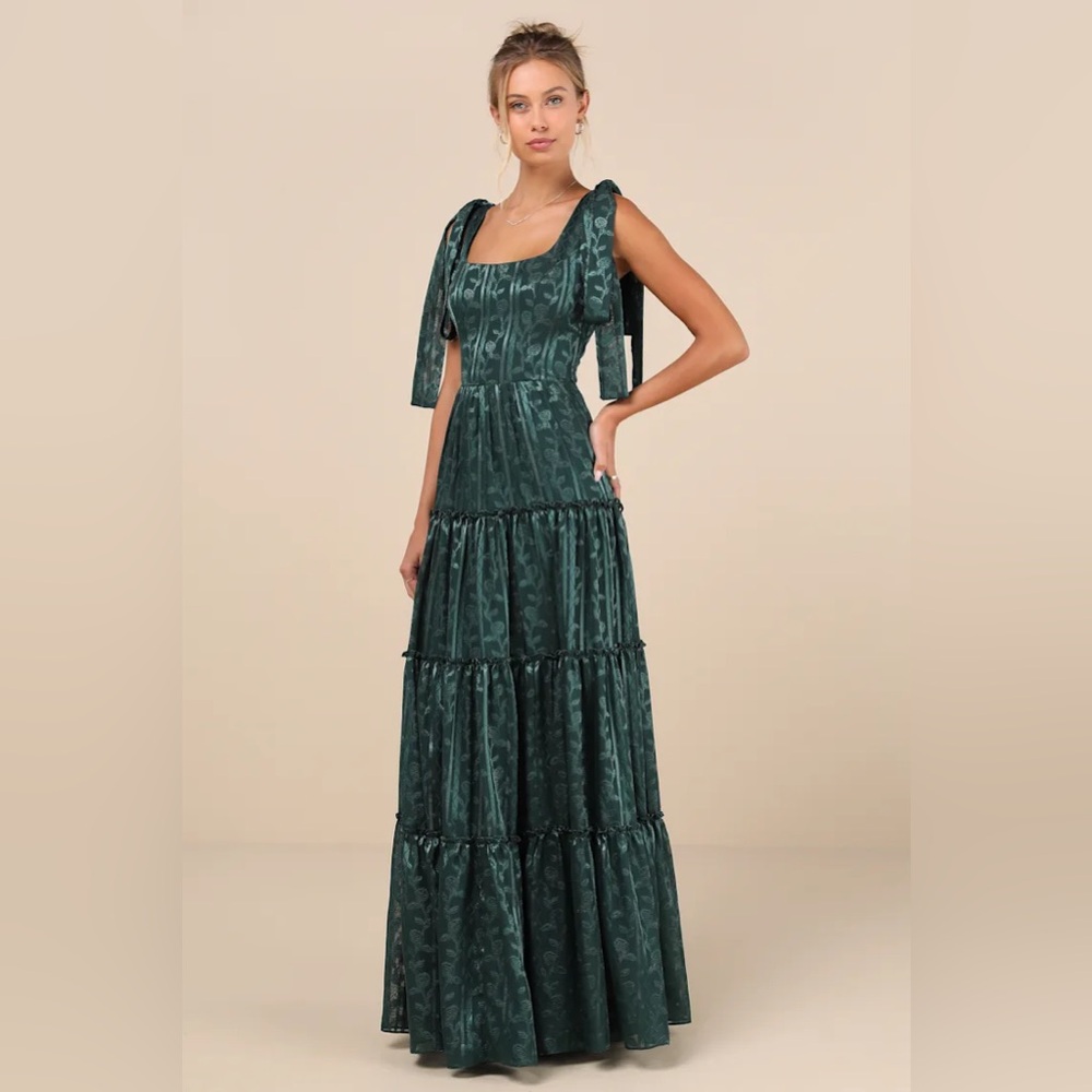 Lulu's Picturesque Allure Green Jacquard Tie-Strap Maxi Dress 2XL